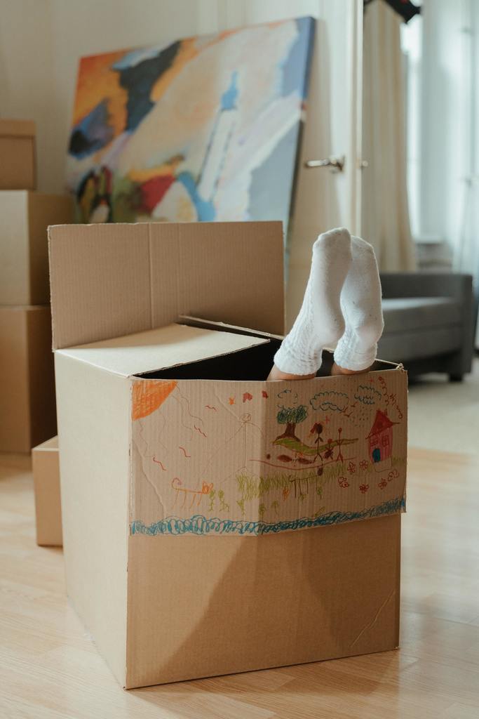 moving box with crayon drawing and socked feet sticking out